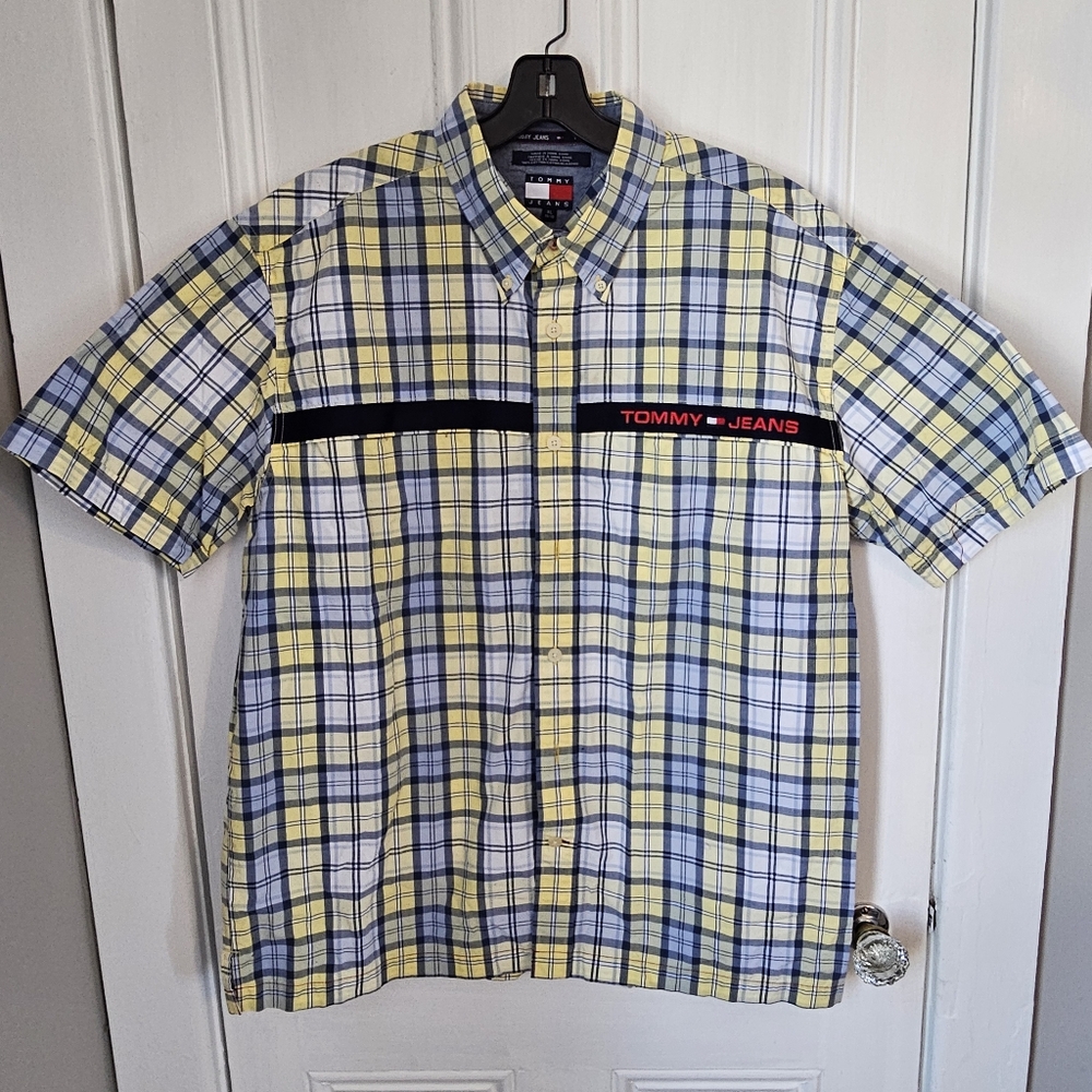 Vintage Y2K Tommy Jeans Mens XL Plaid Cotton Short Sleeve Button Down Shirt